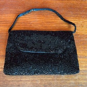 Vintage Walboro  Black Bugle Bead Small Envelope Wristlet Bag with Floral design